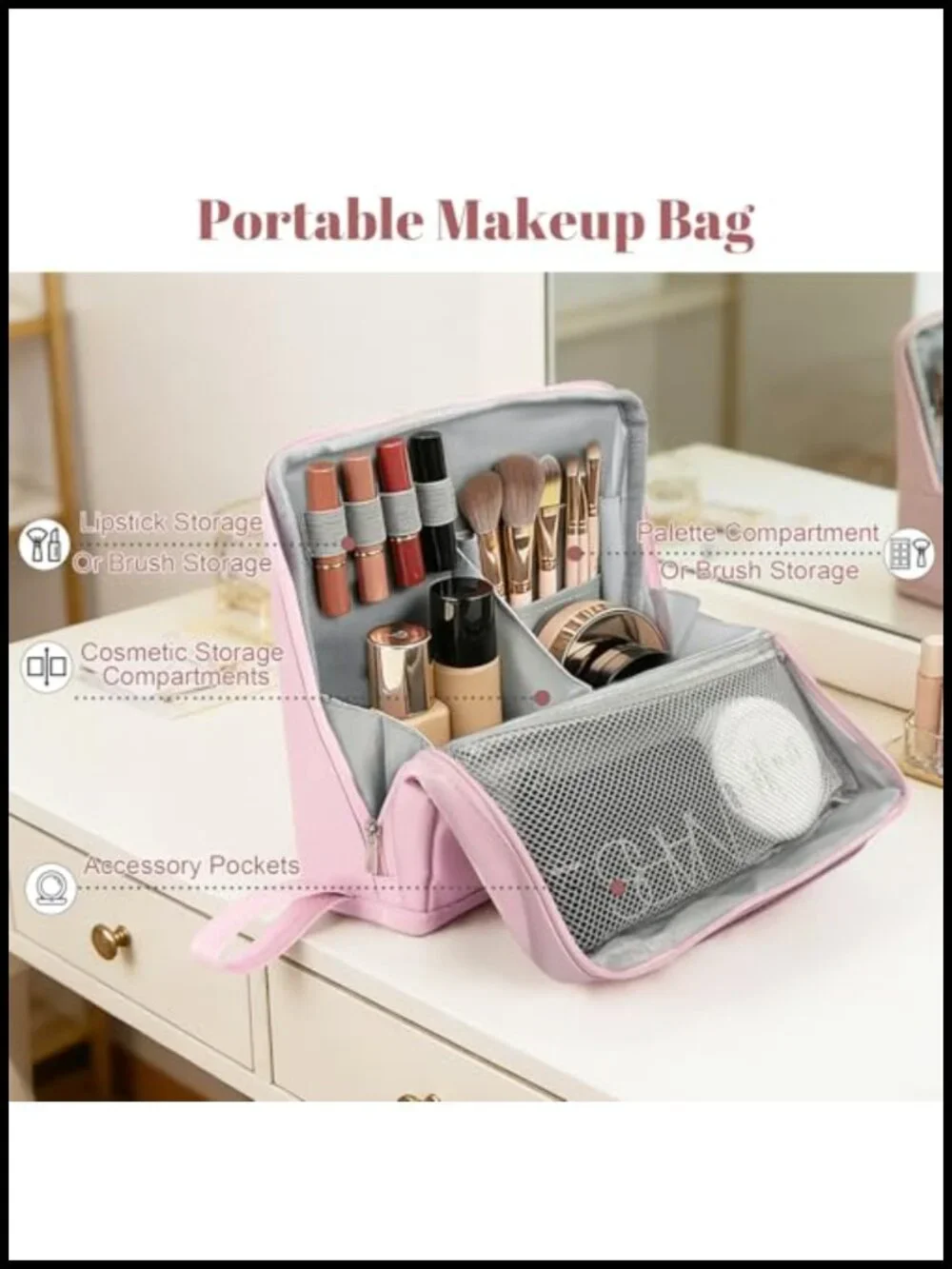Stand Up Makeup Bag with Multiple Compartments PU Leather Foldable Travel